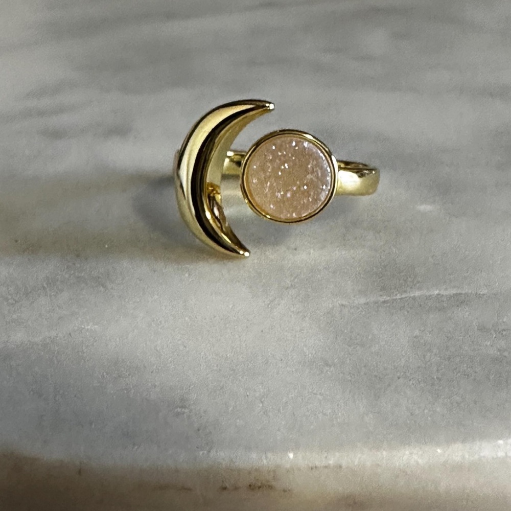 Champagne Druzy Crescent Moon Ring.  Adjustable band is gold plated over brass